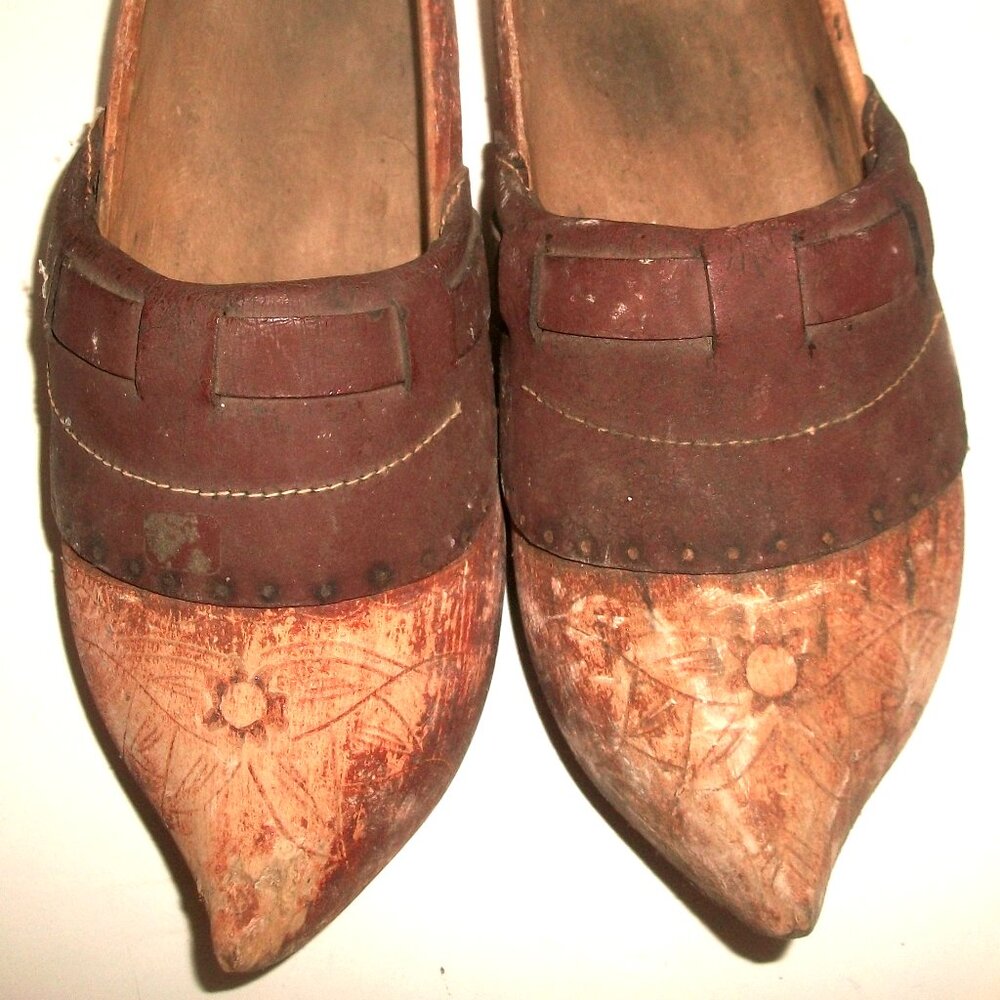 Antique French "Sabots" Peasant Clogs Handmade of Wood & Leather